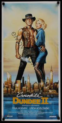 1s411 CROCODILE DUNDEE II Aust daybill '88 great art of Paul Hogan & Kozlowski over NY by Gouzee!
