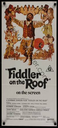 1s437 FIDDLER ON THE ROOF Aust daybill '72 cool artwork of Topol & cast by Ted CoConis!