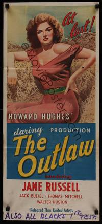 1s496 OUTLAW Aust daybill '47 stone litho artwork of sexy Jane Russell, Howard Hughes!