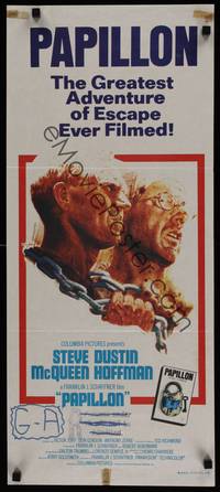 1s498 PAPILLON Aust daybill '73 great art of prisoners Steve McQueen & Dustin Hoffman by Tom Jung!