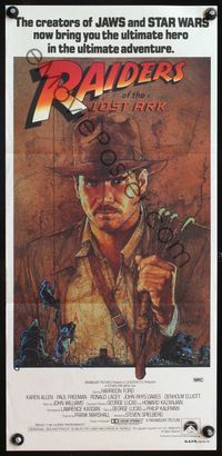 1s504 RAIDERS OF THE LOST ARK Aust daybill '81 great artwork of Harrison Ford by Richard Amsel!