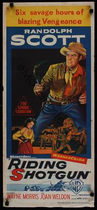 1s514 RIDING SHOTGUN Aust daybill '54 stone litho art of cowboy Randolph Scott with smoking gun!