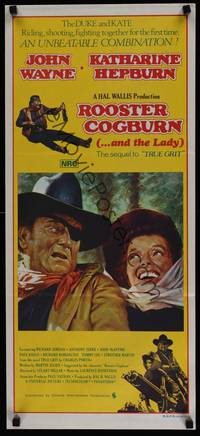 1s523 ROOSTER COGBURN Aust daybill '75 great art of John Wayne with eye patch & Katharine Hepburn!