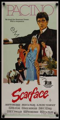 1s529 SCARFACE Aust daybill '83 Al Pacino as Tony Montana, Michelle Pfeiffer, Brian De Palma
