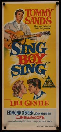 1s537 SING BOY SING Aust daybill '58 stone litho art of Tommy Sands & Lili Gentle, rock & roll!
