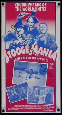 1s560 STOOGEMANIA Aust daybill '85 art of Moe, Larry & Curly, knuckleheads of the world unite!