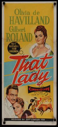 1s575 THAT LADY Aust daybill '55 stone litho art of Gilbert Roland, Olivia de Havilland w/eyepatch