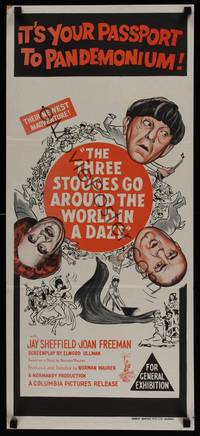 1s582 THREE STOOGES GO AROUND THE WORLD IN A DAZE Aust daybill '63 wacky Moe, Larry & Curly-Joe!