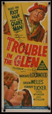 1s589 TROUBLE IN THE GLEN Aust daybill '54 stone litho art of Orson Welles & Margaret Lockwood!