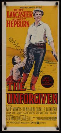 1s594 UNFORGIVEN Aust daybill '60 Burt Lancaster, Audrey Hepburn, directed by John Huston!