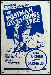 1s049 POSTMAN ALWAYS RINGS TWICE Canadian 1sh '46 art of John Garfield & sexy Lana Turner!