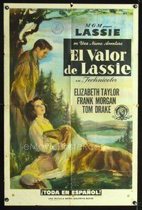 1s694 COURAGE OF LASSIE Spanish/U.S. 1sh '46 artwork of Elizabeth Taylor laying with famous canine!