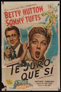 1s700 CROSS MY HEART Spanish/U.S. style A 1sh '46 Betty Hutton meets Sonny Tufts, world champion fibber!