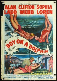 1s013 BOY ON A DOLPHIN Egyptian poster '57 art of Alan Ladd & Sophia Loren swimming underwater!