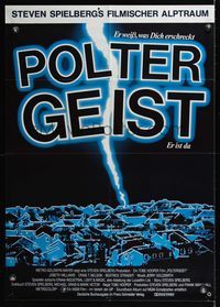 1s297 POLTERGEIST German '82 Tobe Hooper, cool art of lightning striking suburbs!