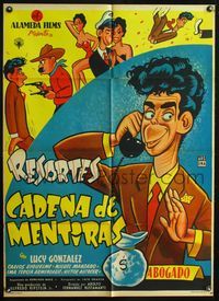1s115 CADENA DE MENTIRAS Mexican poster '55 great wacky cartoon art of comedian Resortes!