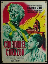1s120 CON TODO EL CORAZON Mexican poster '51 Mendoza art of priest w/baby by destroyed church!