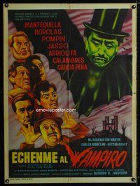 1s126 ECHENME AL VAMPIRO Mexican poster '63 wacky art of bat with human head wearing top hat!