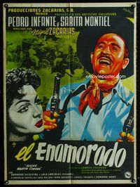 1s127 EL ENAMORADO Mexican poster '52 art of laughing man with 2 guns & sexy babe by Josep Renau!