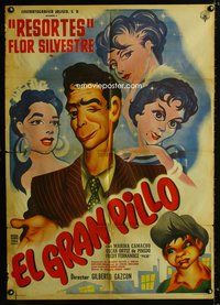 1s129 EL GRAN PILLO Mexican poster '60 Mendoza art of winking Resortes surrounded by sexy girls!