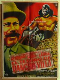 1s134 EL TESORO DE PANCHO VILLA Mexican poster 1954  art of masked wrestler & pile of gold by Diaz!