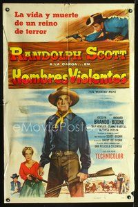 1s940 TEN WANTED MEN Spanish/U.S. 1sh '54 cool cowboy Randolph Scott with rifle, Jocelyn Brando!