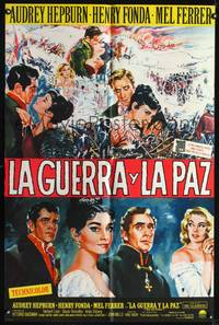 1s981 WAR & PEACE Spanish/U.S. 1sh R64 art of Audrey Hepburn, Henry Fonda & Mel Ferrer, Leo Tolstoy epic!
