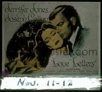 1t120 LOVE LETTERS glass slide '45 romantic c/u art of Joseph Cotten & Jennifer Jones, by Ayn Rand!