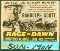 1t141 RAGE AT DAWN glass slide '55 cool image of outlaw hunter Randolph Scott by train!