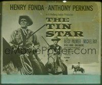 1t152 TIN STAR glass slide '57 close up of cowboys Henry Fonda & Anthony Perkins on horses!