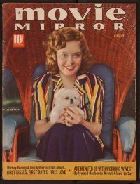 1t087 MOVIE MIRROR magazine August 1939 portrait of Alice Faye with tiny dog by Paul Duval!