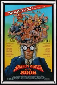 1v045 AMAZON WOMEN ON THE MOON 1sh '87 Joe Dante, cool wacky artwork of cast by William Stout!