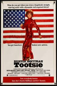 1v533 TOOTSIE video 1sh '82 full-length Dustin Hoffman as himself and in drag by American flag!