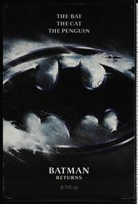 1w088 BATMAN RETURNS teaser DS 1sh '92 Tim Burton directed, the bat, the cat, the penguin!