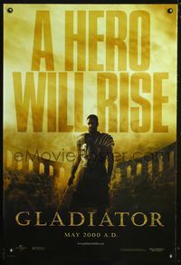 1w247 GLADIATOR DS teaser 1sh '00 Ridley Scott, cool image of Russell Crowe in the Coliseum!