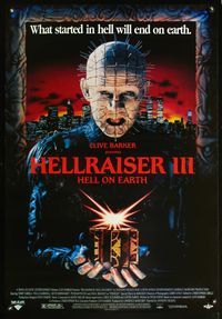1w269 HELLRAISER III: HELL ON EARTH video 1sh '92 Clive Barker, great c/u of Pinhead holding cube!
