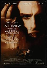 1w354 INTERVIEW WITH THE VAMPIRE 1sh '94 close up of fanged Tom Cruise, Brad Pitt, Anne Rice