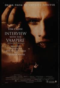 1w355 INTERVIEW WITH THE VAMPIRE advance 1sh '94 close up of fanged Tom Cruise, Anne Rice!