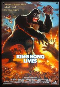 1w436 KING KONG LIVES 1sh '86 great artwork of huge unhappy ape attacked by army!