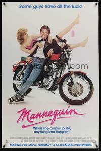 1w480 MANNEQUIN advance 1sh '87 great image of Andrew McCarthy & fake Kim Cattrall on motorcycle!