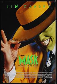1w488 MASK style B Int'l 1sh '94 great super close up of wacky Jim Carrey in full make-up!