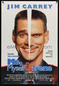 1w491 ME, MYSELF & IRENE style A advance DS 1sh '00 wacky portrait image of two-faced Jim Carrey!
