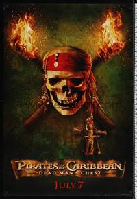 1w563 PIRATES OF THE CARIBBEAN: DEAD MAN'S CHEST teaser DS 1sh '06 great image of skull & torches!
