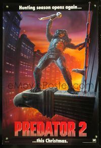 1w571 PREDATOR 2 teaser 1sh '90 great full-length artwork of alien hunter in L.A.!
