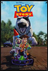 1w769 TOY STORY int'l 1sh '95 Disney & Pixar, Buzz & Woody race away from dog!
