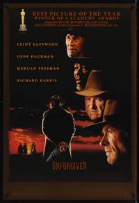 1w787 UNFORGIVEN awards 1sh '92 classic image of gunslinger Clint Eastwood with his back turned!