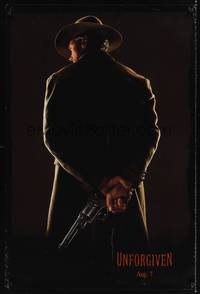 1w790 UNFORGIVEN teaser DS 1sh '92 classic image of gunslinger Clint Eastwood with his back turned!