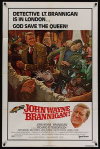 1y093 BRANNIGAN 1sh '75 Douglas Hickox, great art of fighting John Wayne in England!