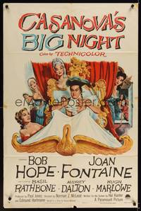 1y123 CASANOVA'S BIG NIGHT 1sh '54 wacky artwork of Bob Hope in bed, Joan Fontaine!