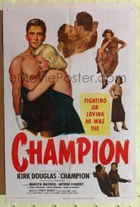 1y126 CHAMPION 1sh '49 art of boxer Kirk Douglas with Marilyn Maxwell, boxing classic!